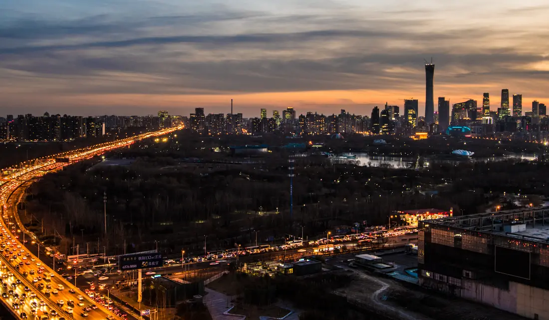 The Beijing skyline along the north-east ring road at dusk